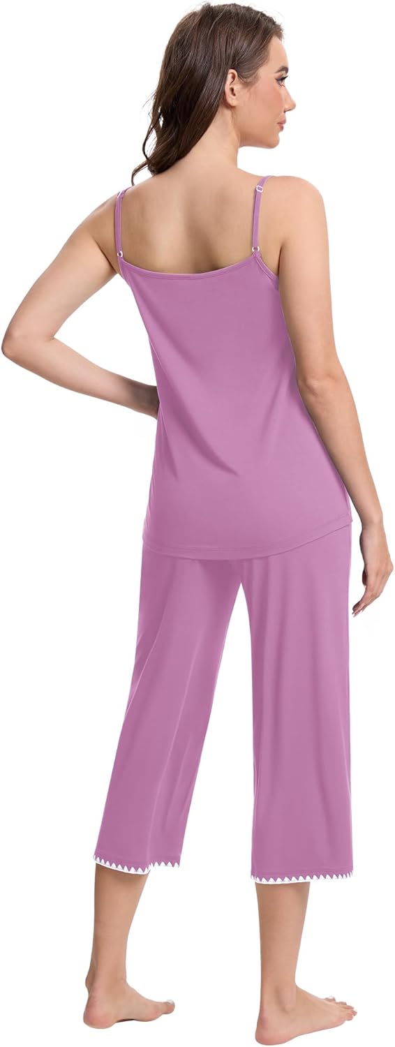 WiWi Womens Cami Pajama Sets 2 Piece Camisole Top Capri Pants Sleepwear Soft Lingerie Bamboo Viscose PJs S-XXL - Image 4