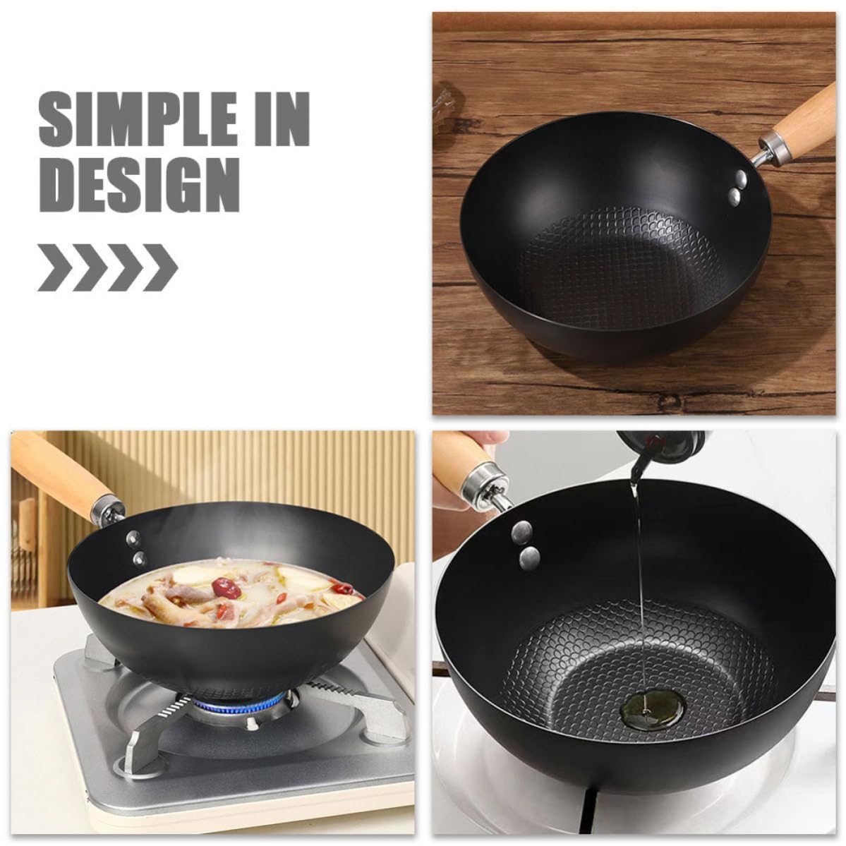 INOOMP Wok Piccolo in Ferro senza Rivestimento Antiaderente Fondo Piatto per Cucinare e Friggere su Fornelli a Gas, Design Versatile Manico in Legno, per Uso Domestico