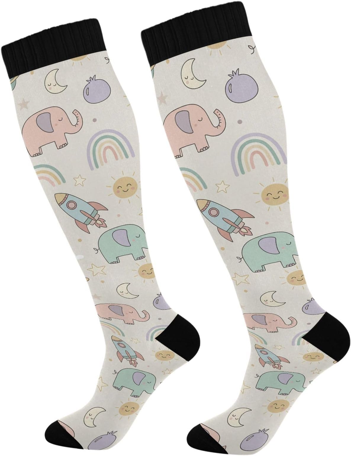 Cartoon Elephants Compression Socks Knee High for Men Women 20-30mmHg Casual Athletic Tube Socks for Soccer Nurse Warm Stockings 1 Pair