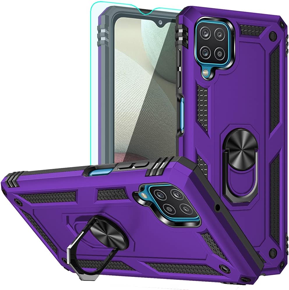 YZOK for Galaxy A12 Case, Samsung A12 Case, with HD Screen Protector,[Military Grade] Ring Car Mount Kickstand Hybrid Hard PC Soft TPU Shockproof Protective Case for Samsung Galaxy A12 (Purple)