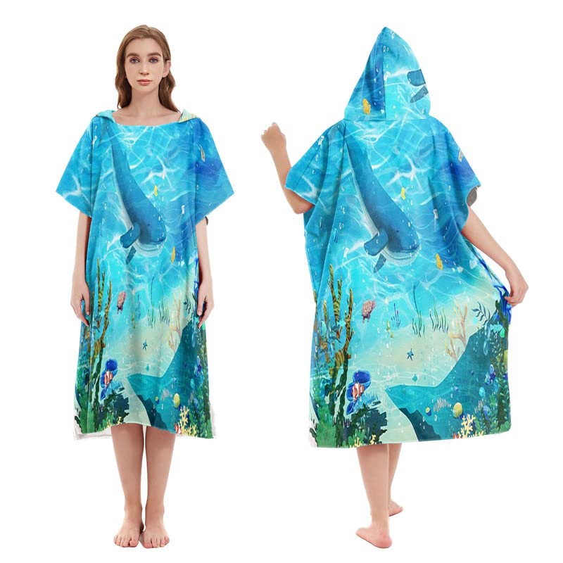 SVOSVAMicrofibre Changing Robe Towel for Kid Adult Marine Life Printed Hooded Poncho Swim Beach Towel Beach Surfing Swimming Robe