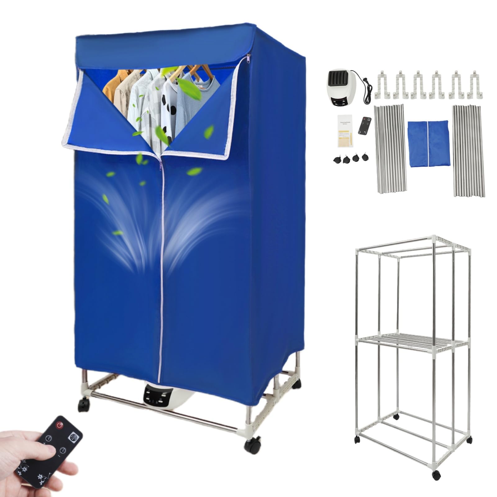 Mała, przenośna mini suszarka, ogrzewanie PTC z ekranem dotykowym i 60-240 minut, składana, mała suszarka o nośności 30 kg, 70 x 50 x 150 cm, niebieska