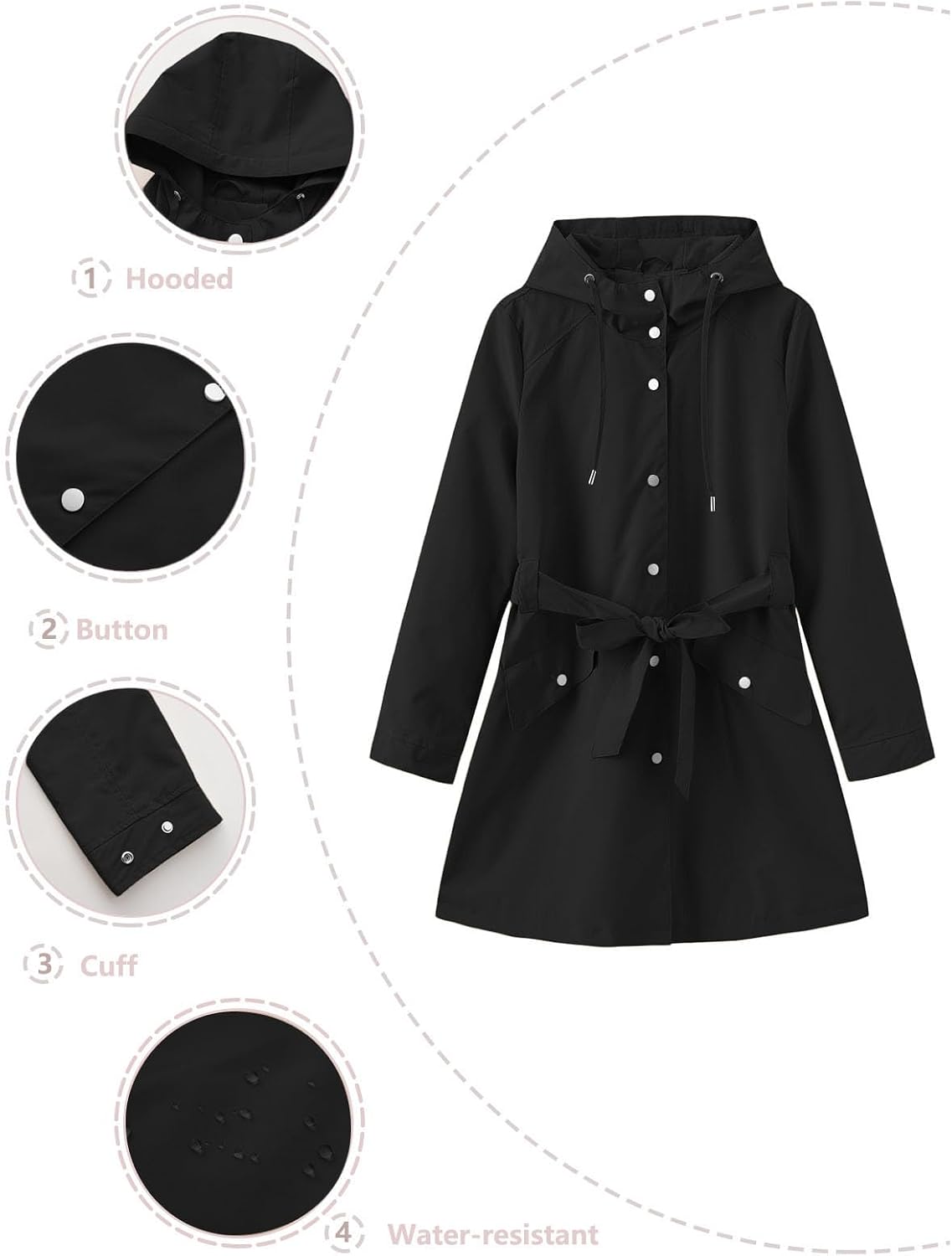 Women's Belted Rain Jacket Detachable Hood Zip Up Long Sleeve Fleece Lined Warm Coat Fall Winter Outdoor Rainwear