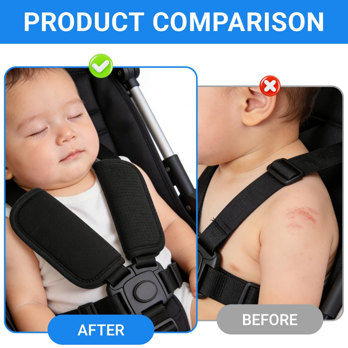 Cinturón de seguridad para bebé, almohadillas suaves para cinturón de seguridad para cochecitos y asientos infantiles, material Oxford transpirable, ajuste universal, negro, juego de 2 — view 3