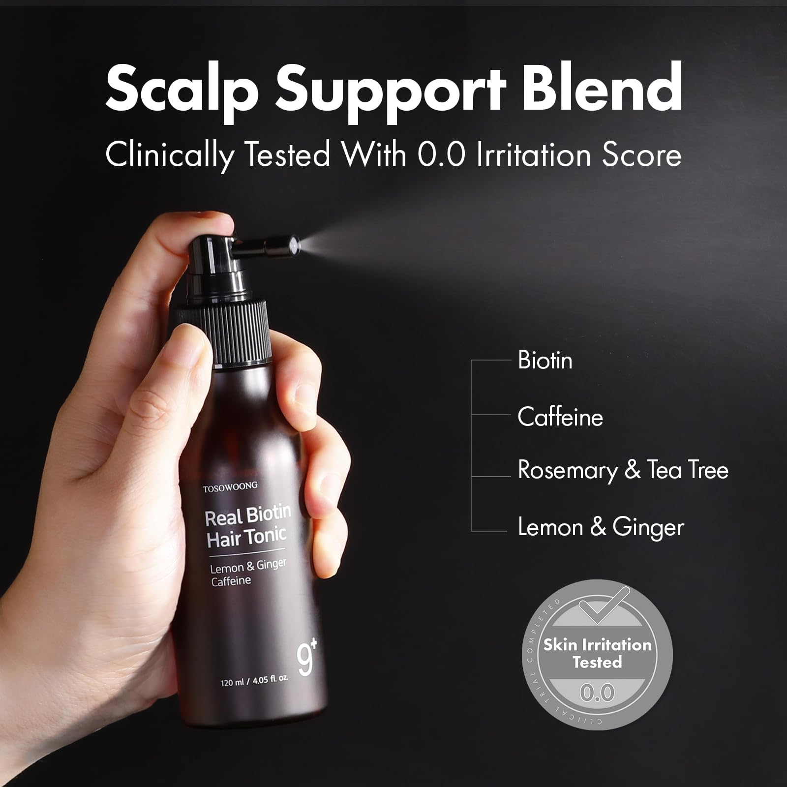 TOSOWOONG Real Biotin Scalp Tonic for Men & Women | Kopfhaut- & Haarpflege-Spray | Sofortkühlend, Nährend | Koffein, Rosmarinöl, Teebaum | K-Beauty 120ml / 4.05 fl.oz.