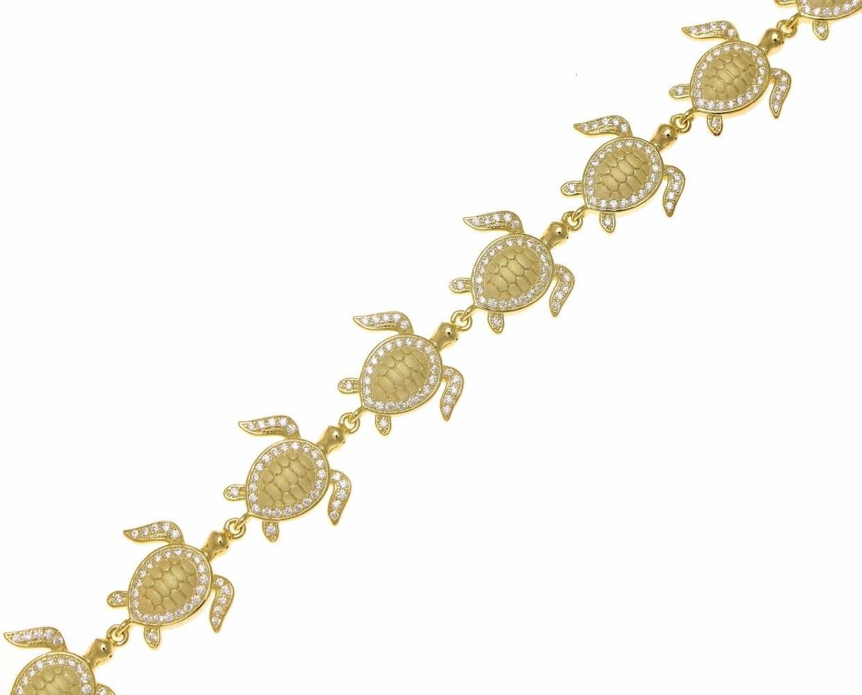 Arthur's Jewelry 925 sterling silver yellow gold plated solid Hawaiian sea turtle link bracelet cz 7.5"