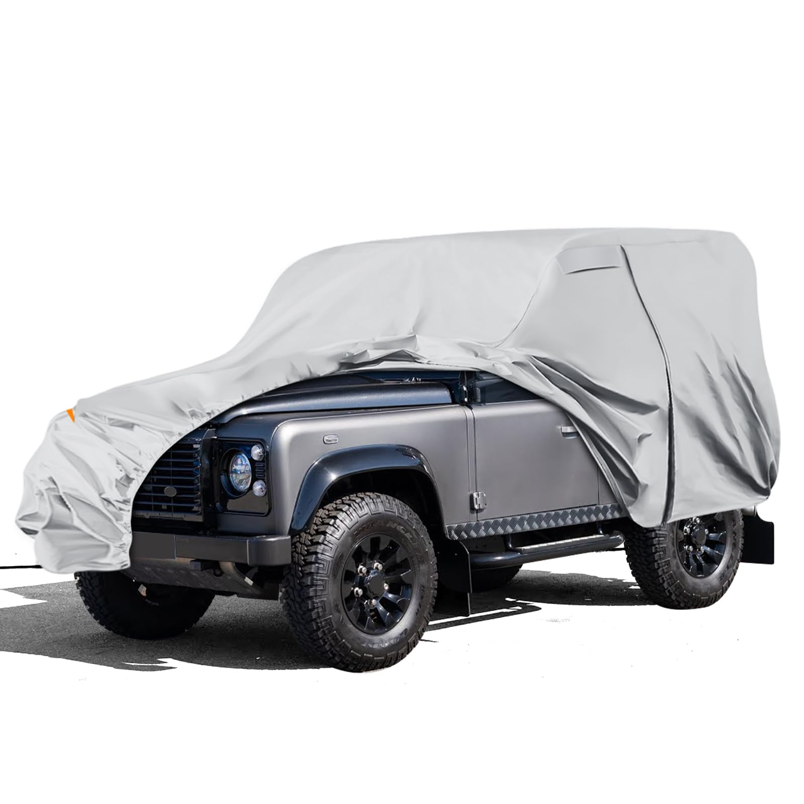 Telo copriauto impermeabile Land Rover Defender 90 1990-2016, telo di copertura per tutte le stagioni, con chiusura lampo, porta e parabrezza, grigio