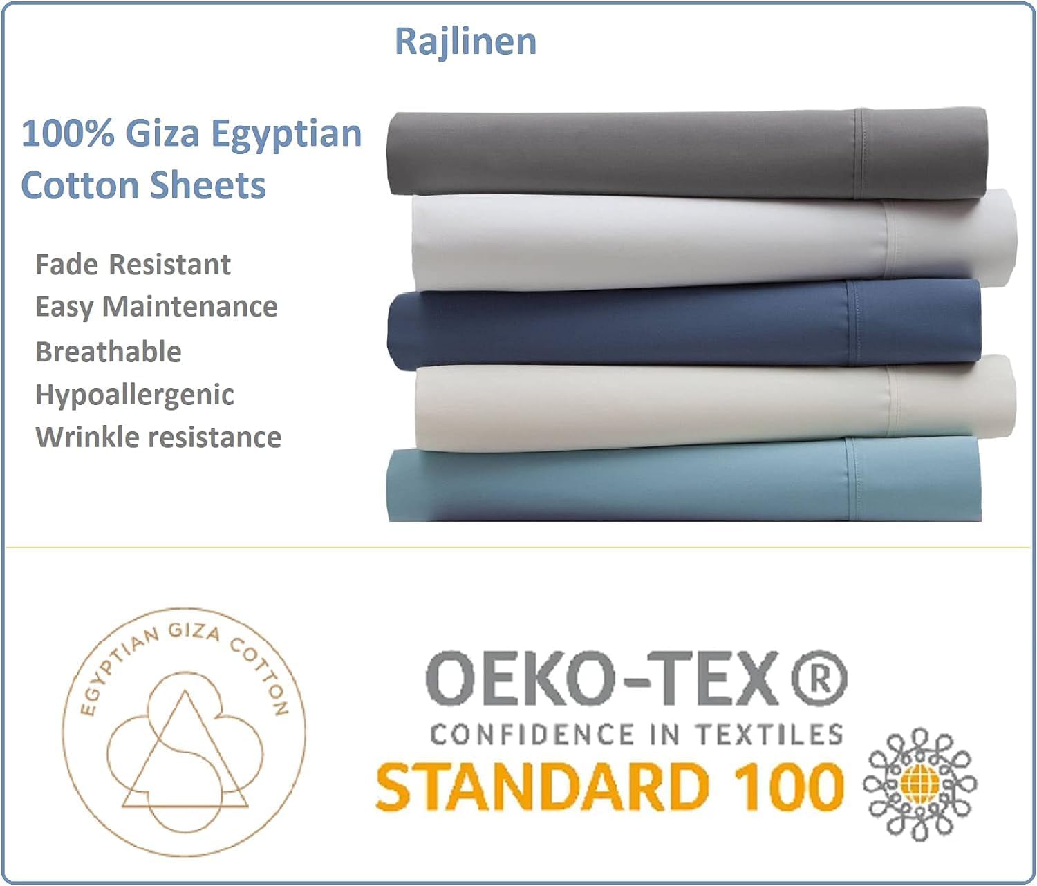Rajlinen King Size Giza Cotton Sheets Set – 100% Certified Giza Egyptian Cotton, 4-Piece Luxury Bed Sheet Set, 18" Deep Pocket, Soft & Breathable, White Solid