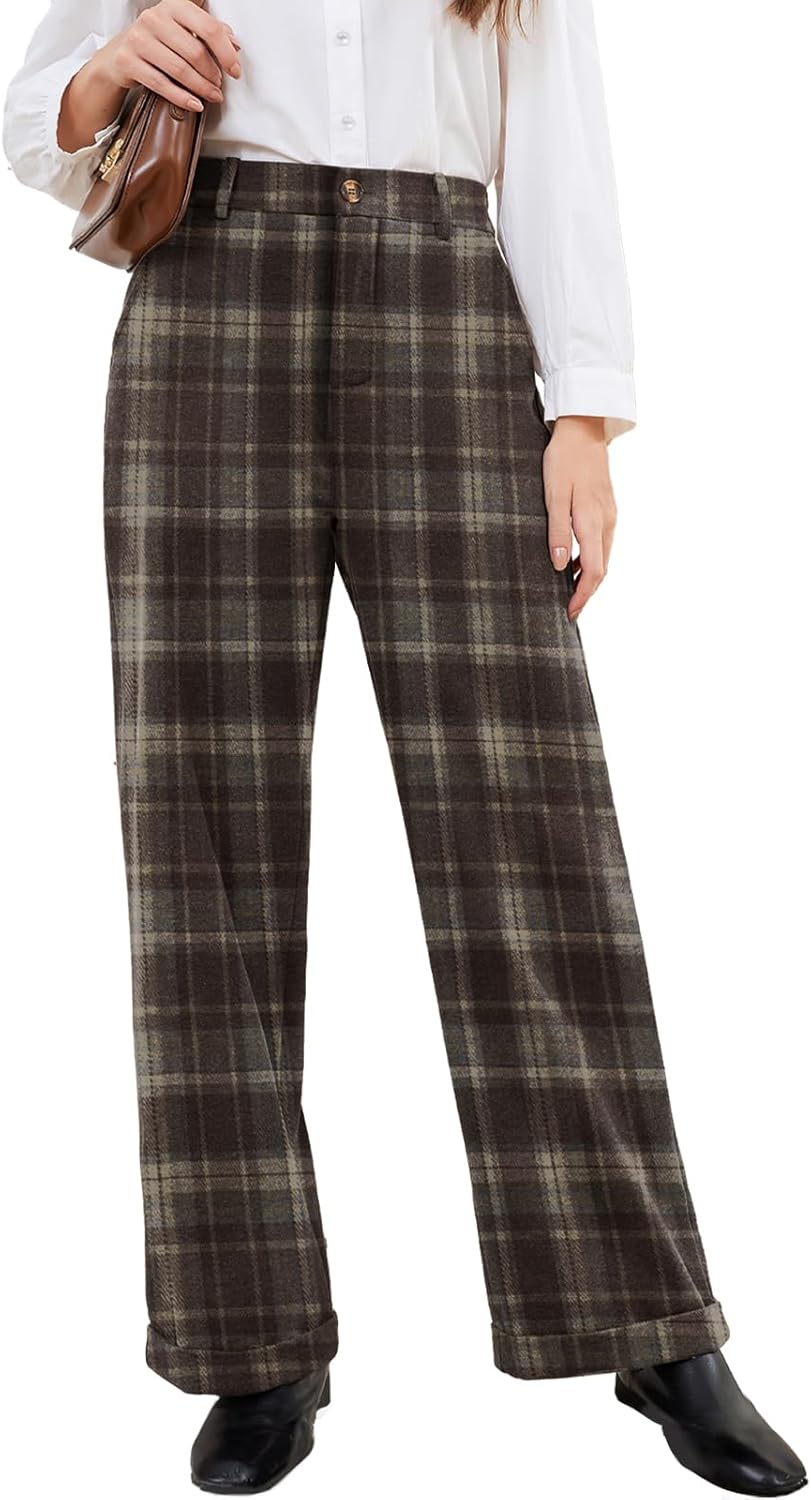 Rasutina Women Plaid Dress Pants High Waisted Wide Leg Pants Fleece Pants for Women Stretchy Fall Trousers