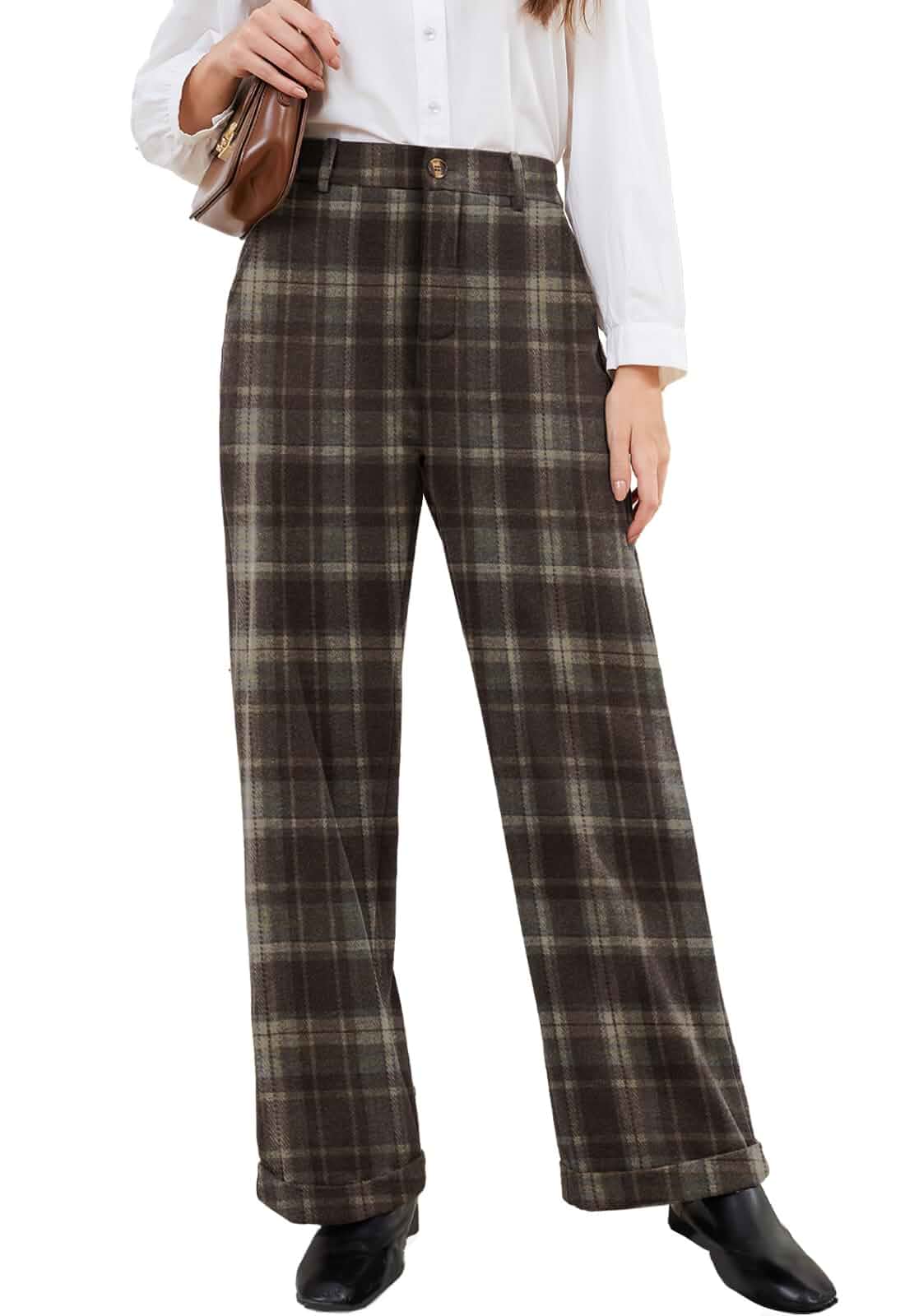 Rasutina Women Plaid Dress Pants High Waisted Wide Leg Pants Fleece Pants for Women Stretchy Fall Trousers Regular