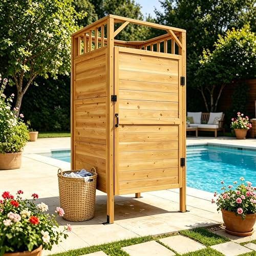 Yardenaler Outdoor Shower Enclosure with Lockable Door, Outdoor Cedar Wood Shower Stall with Hooks & Shelves, Freestanding Changing Room for Pool Wash Station, Backyard & Beach Rinse Station