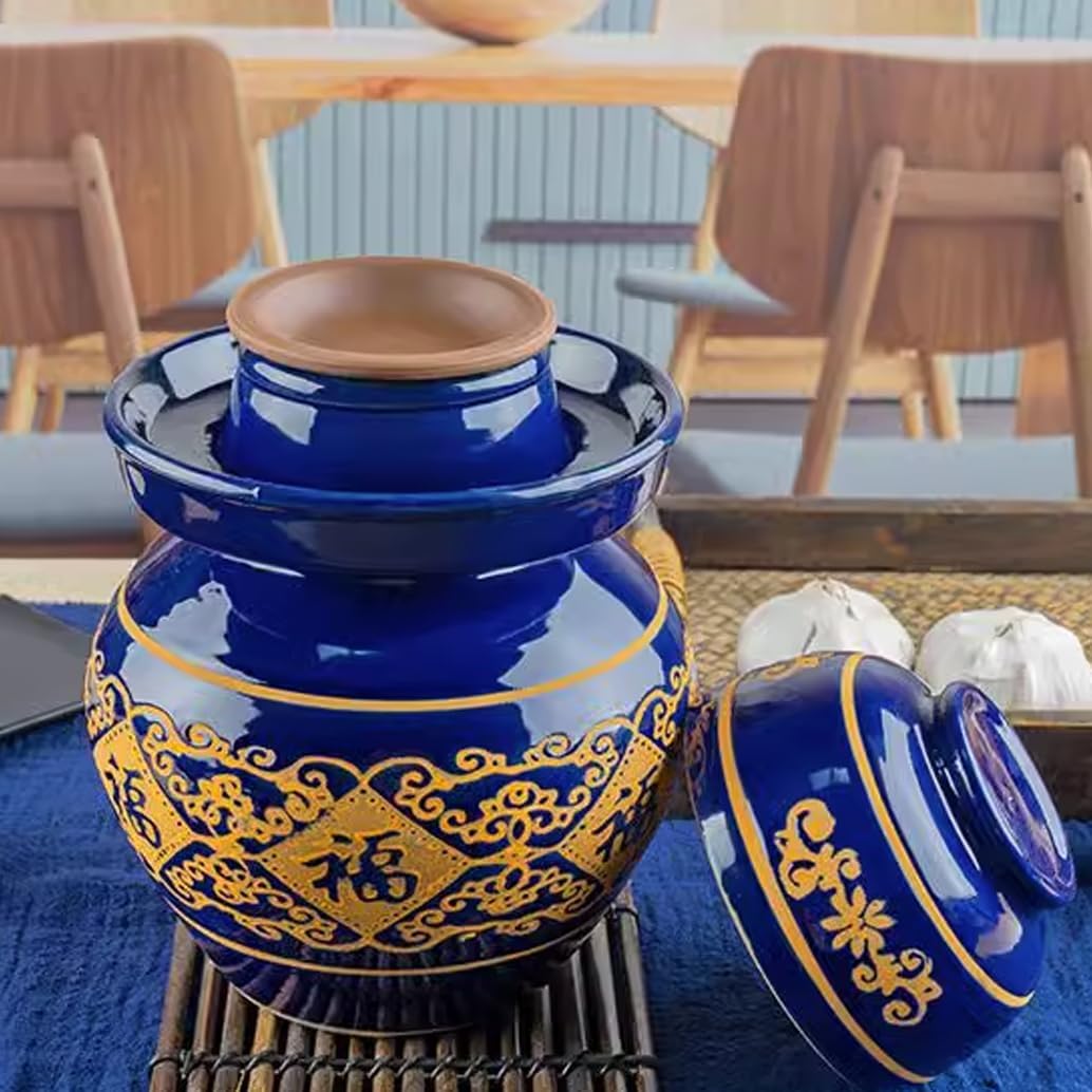 Blue Traditional Chinese Porcelain Pickle Jar,Ceramic Fermentation Crock Pickling Pot,Ceramic Fermenting Jar with Water Seal Airlock Lid Stoneware Fermenter 2kg