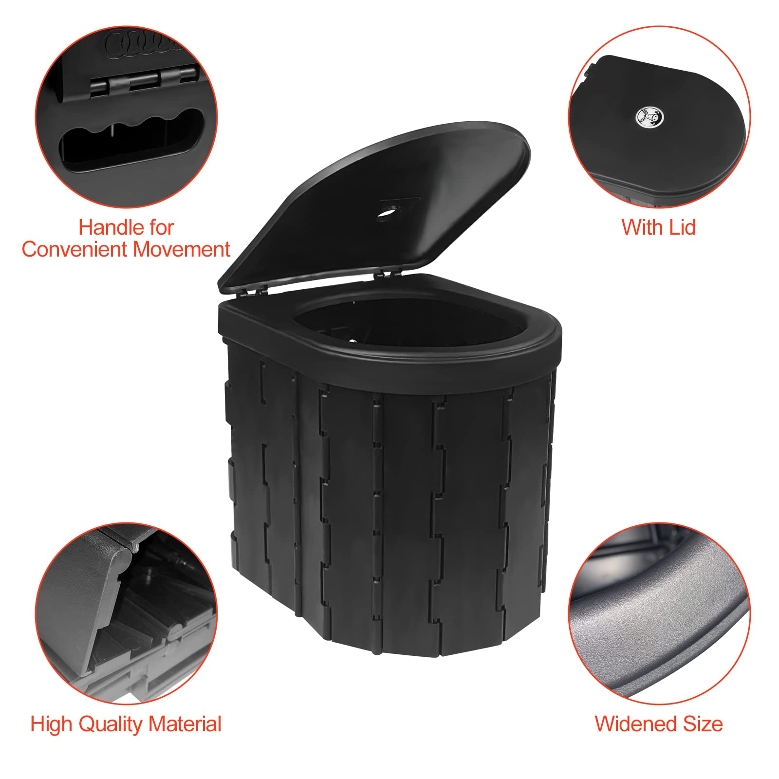 Fousenuk WC Portatile Nero, WC da Campeggio Pieghevole con Coperchio | con 2 Rotoli di Sacchetti per Spazzatura, Toilette Portatile Portante da 150 kg per Escursioni, Campeggio, Viaggi Congestione