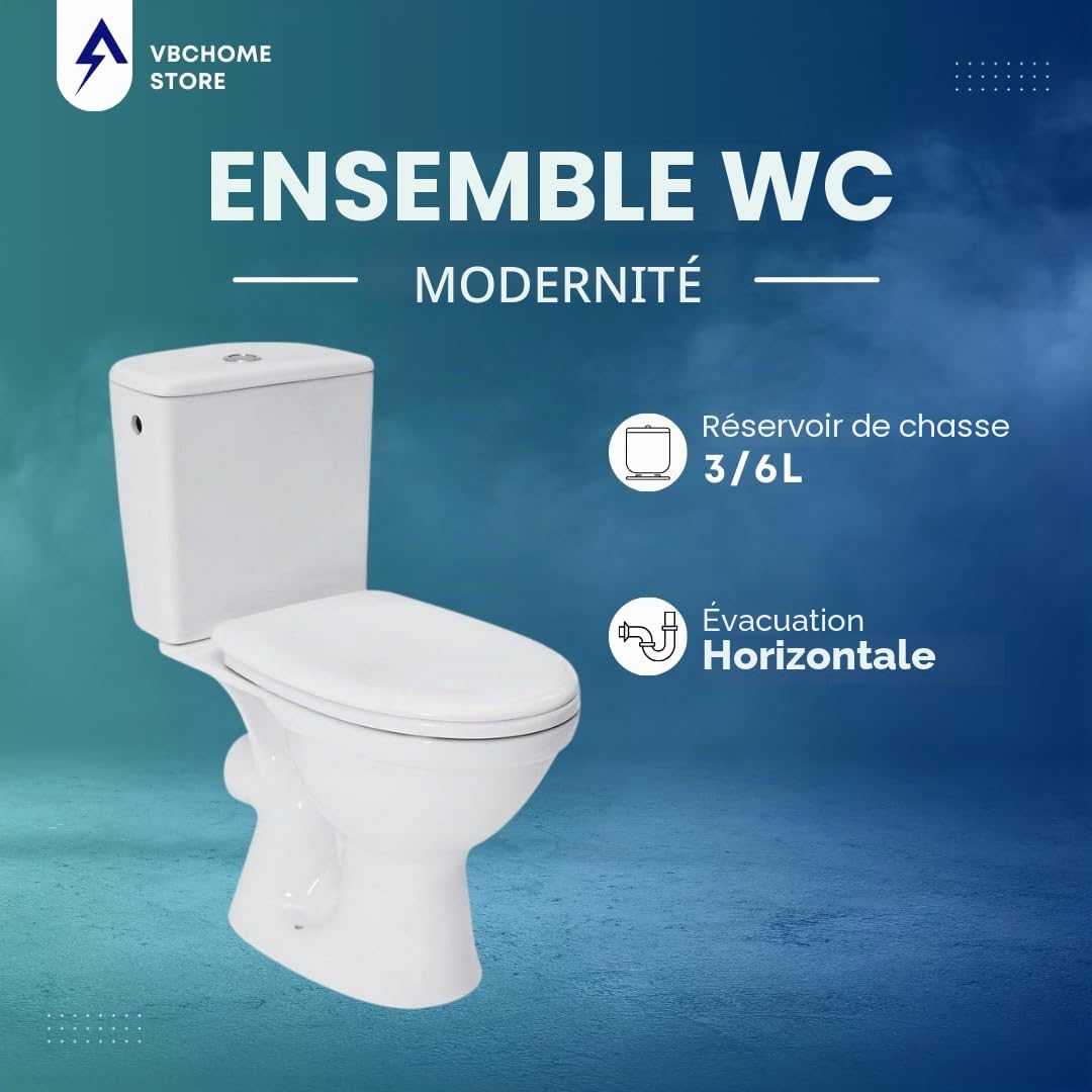 Merida Set WC complet en céramique avec réservoir de chasse et siège WC en polypropylène pour sortie d’eau horizontale