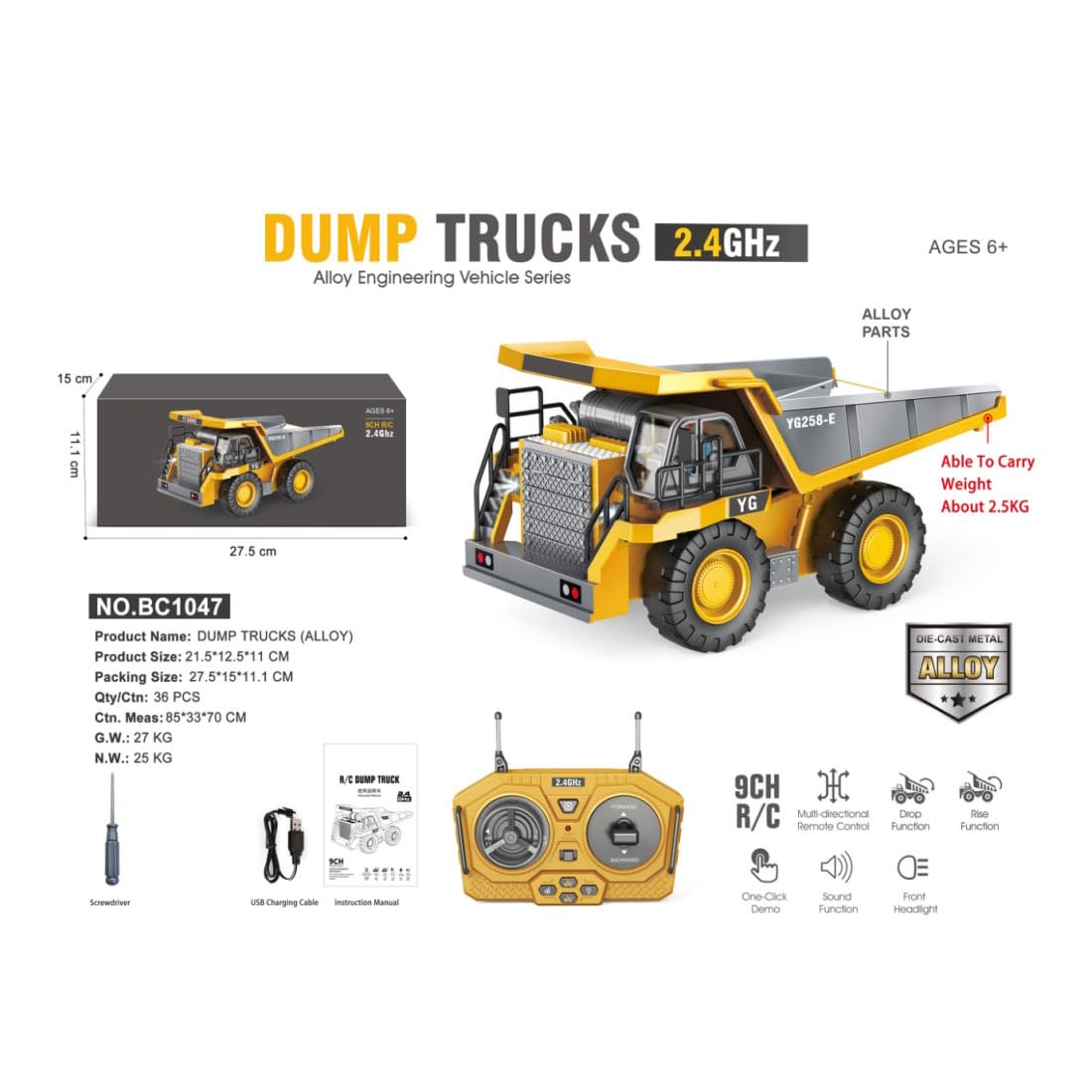 Alloy Engineering Mining Truck dla dorosłych, skala 1/24 2,4 G 9CH stop RC wywrotka górnicza ze światłami i efektami dźwiękowymi, maksymalna nośność wynosi do 2,5 kg