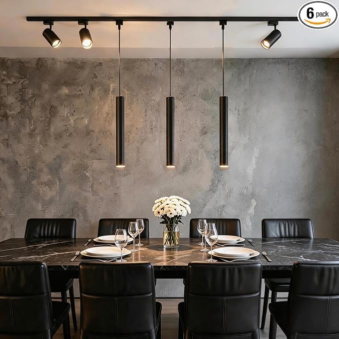 Kitchen Island 6 LED Black Track Pendant & Spot Lighting Kit, 230V 3CCT, 3 Pendant Lights & 3 4000K Spotlights with 3m H-Type Rails, Modern Ceiling Light Fixture for Dining Room Living Room Cafe