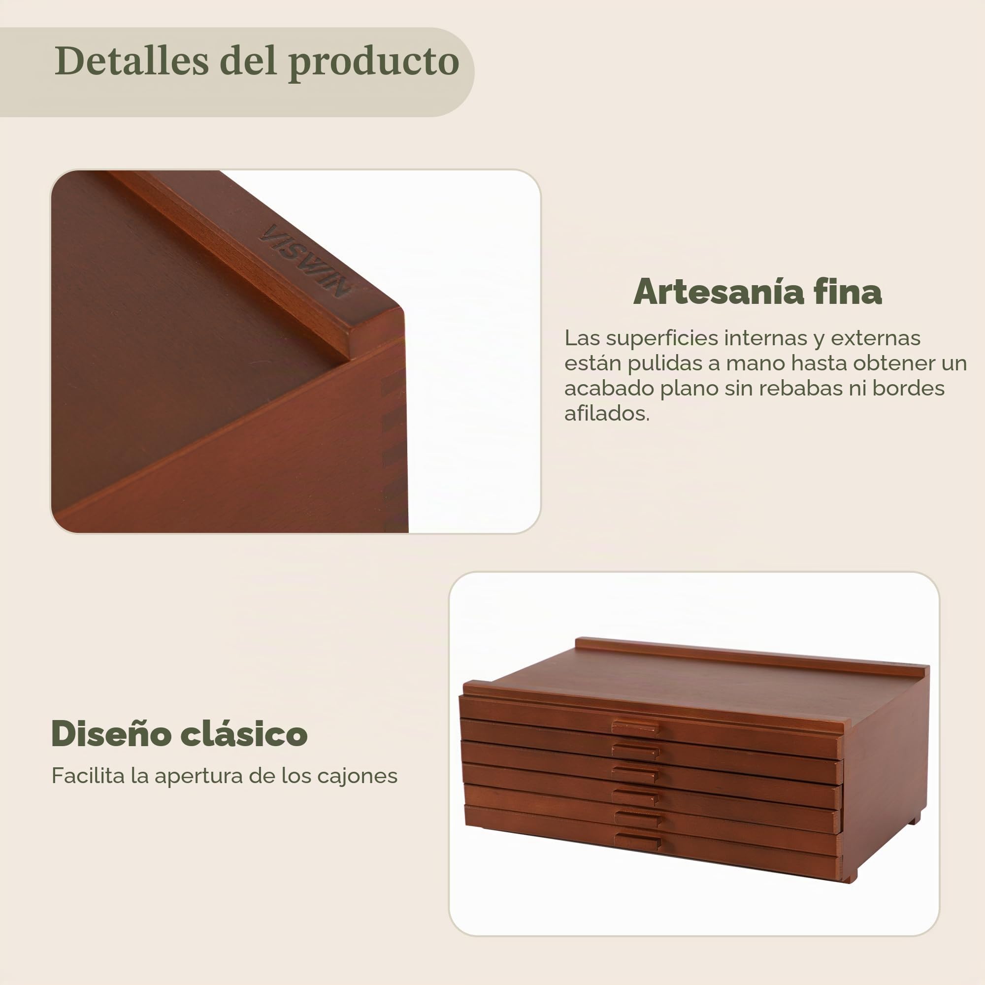 VISWIN Caja de Madera de 6 Cajones con Separadores Extraíbles, Caja de Madera de Haya de Primera Calidad, Caja Organizadora Portátil para Pinturas, Bolígrafos, Pinceles y Materiales de Arte