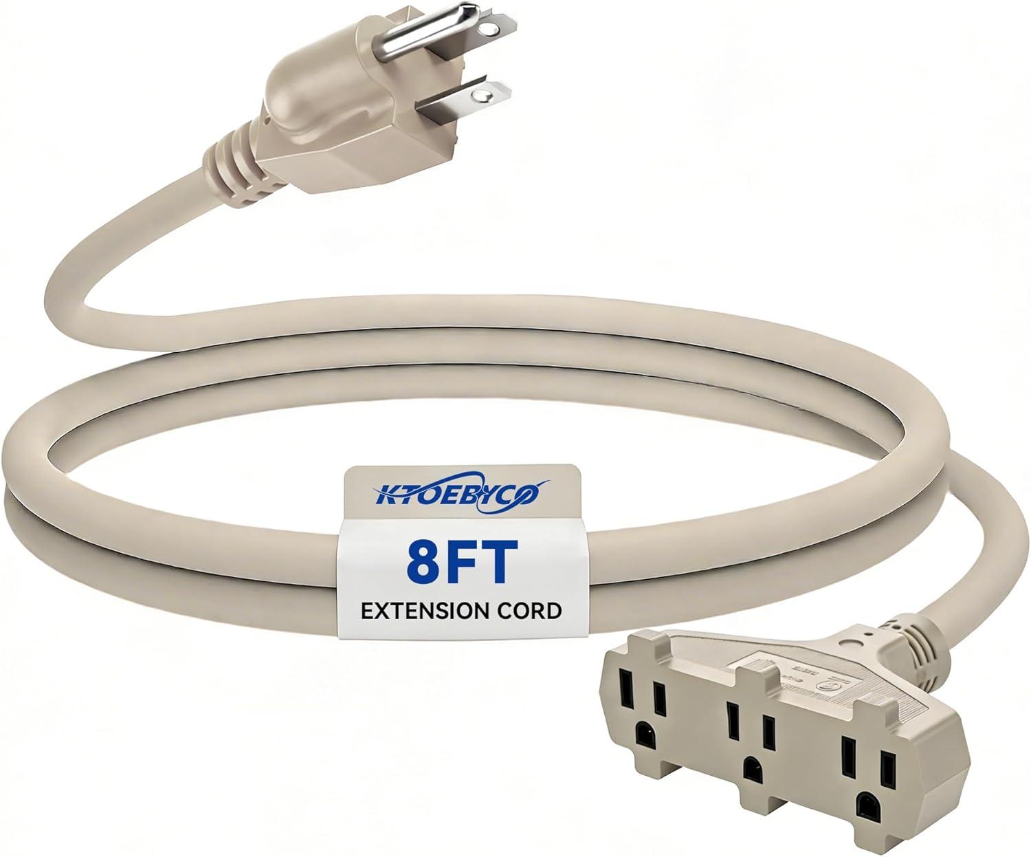 Indoor/Outdoor Extension Cord, 13 Amps, 125V, 3-Outlets, 8 Foot,16 Gauge, Beige