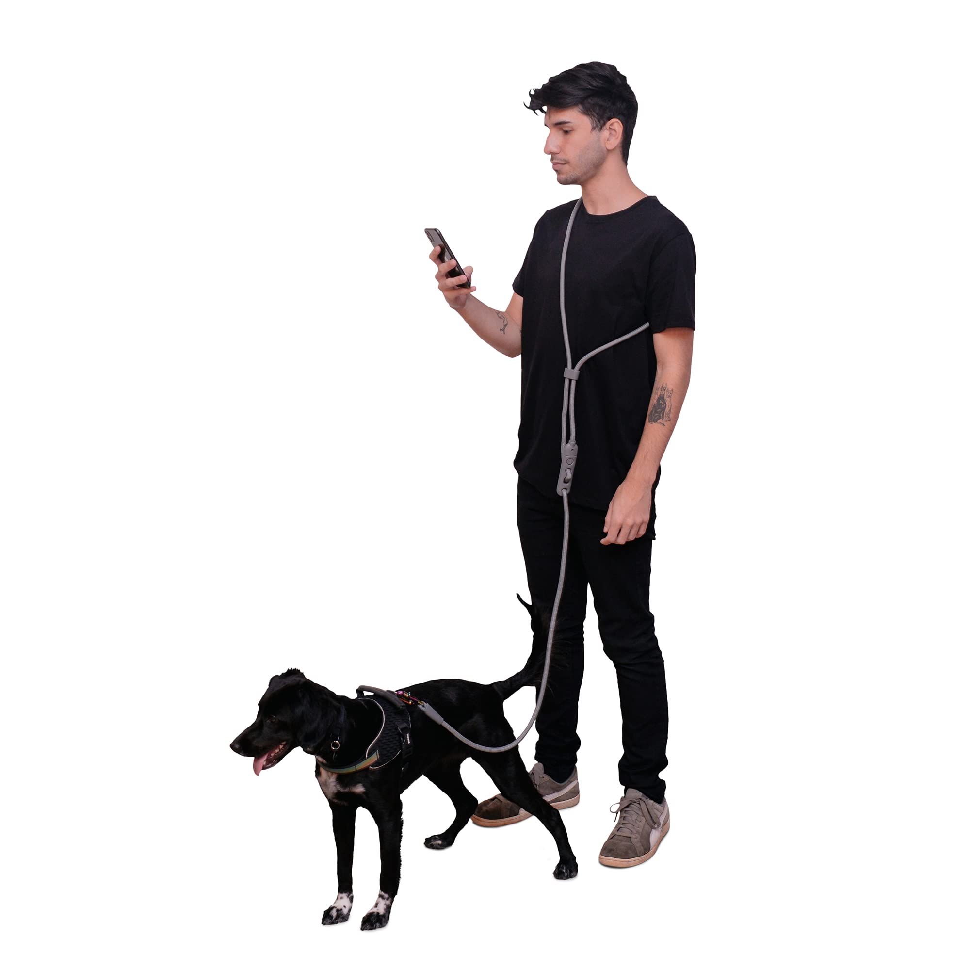 Guinzaglio per cani grigio titanio 3 in 1, per un uso senza mani, versatile, in corda, da indossare a tracolla, regolabile in lunghezza