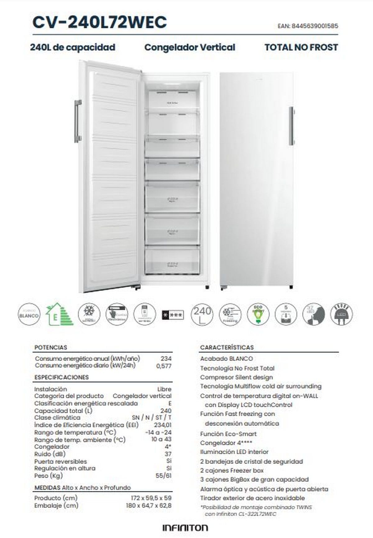 Infiniton Congelatore Verticale Una Porta CV-240L72WEC, E, 172 cm di Altezza, 240 Litri, No Frost Totale, Porta Reversibile, Illuminazione a LED per interni
