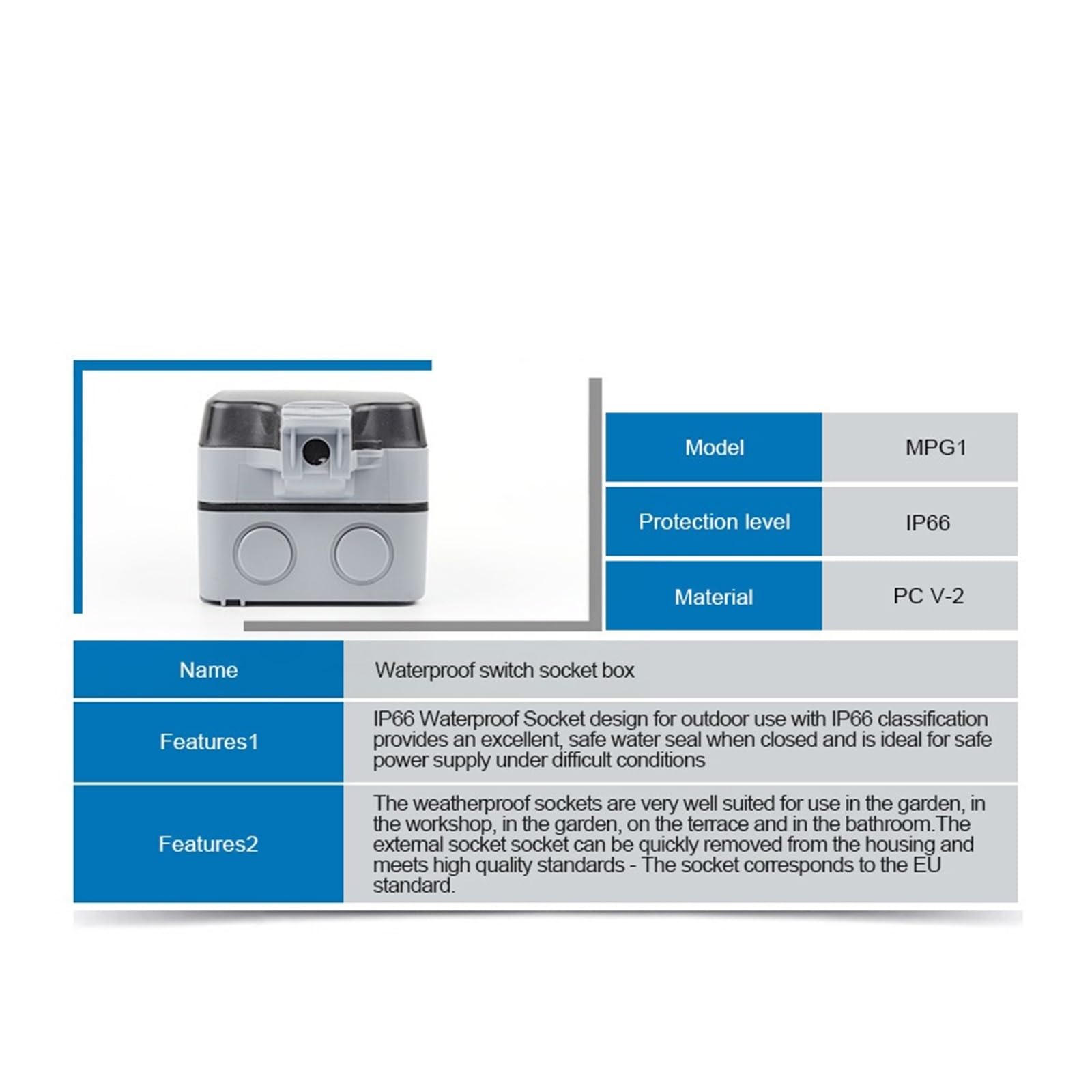 Prise murale étanche IP66 for extérieur, 16 A, 250 V, avec interrupteur et port USB(With USB)