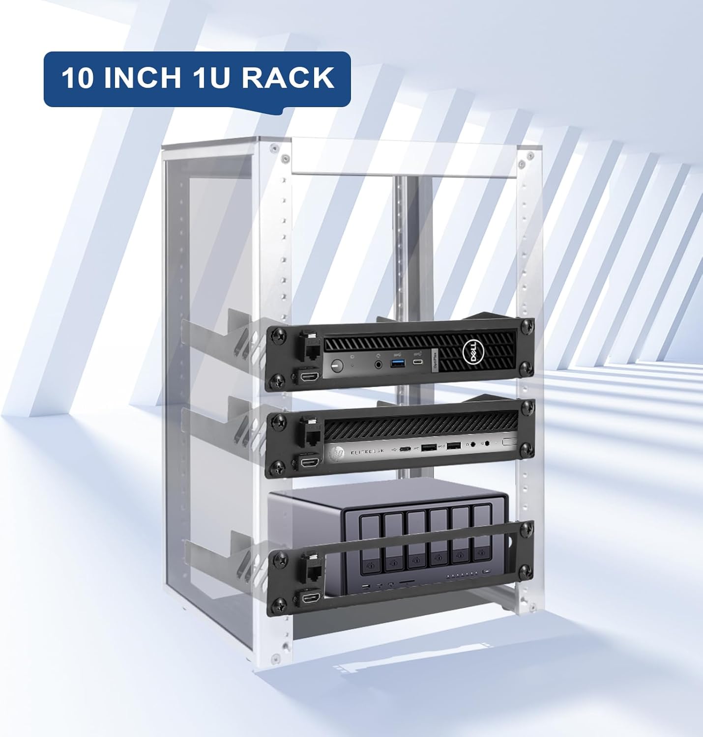 10inch 1U Mini PC Rack Mount Shelf Compatible with Dell Micro OptiPlex MFF Lenovo ThinkCentre and HP Desktop Mini with RJ45 CAT6 Port & HDMI Port