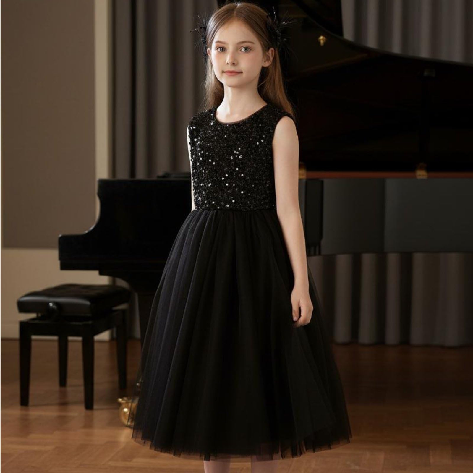 Vestido de Actuación sin Mangas Esponjoso Vestido de Fiesta Negro Infantil Forro para Ocasiones Formales