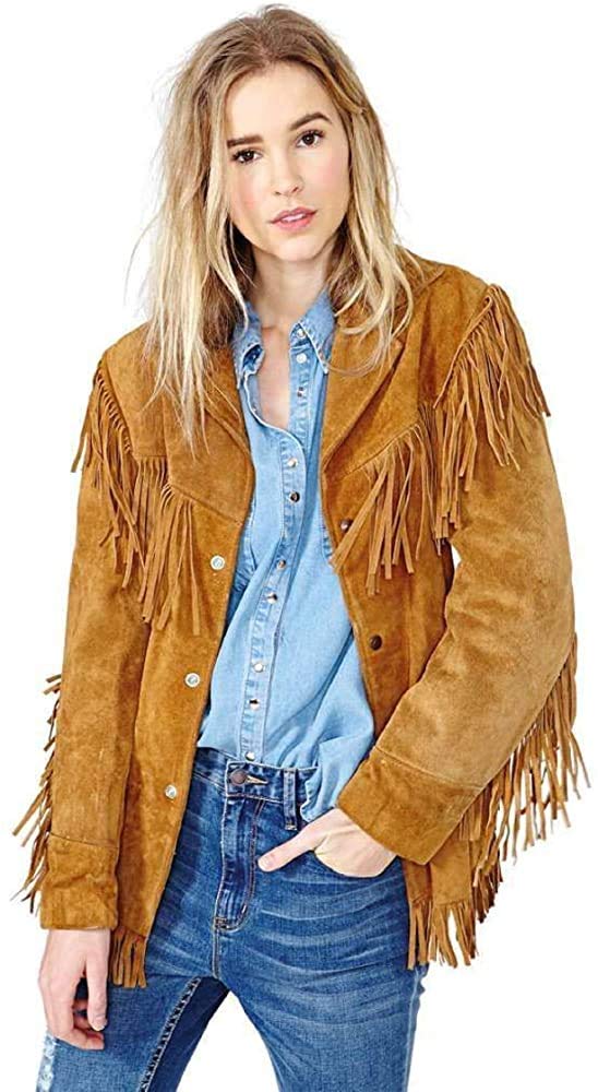 coolhides Ladies Jacket Western Suede Leather Cow-Lady Native American Women Fringe Coats