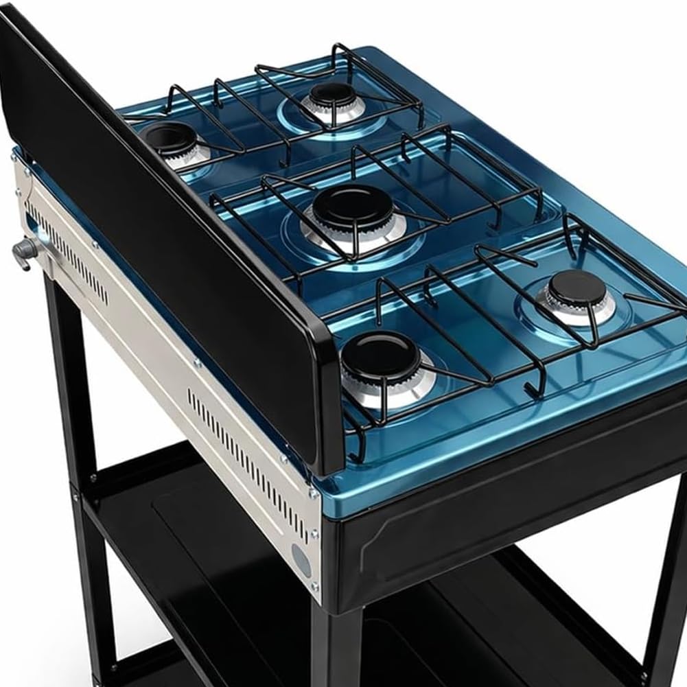 BAKAJI Cucina a Gas GPL con 5 Fuochi da Esterno e 2 Ripiani, Cucinotto Portatile in Acciaio con Paravento 5 Bruciatori, Piedini Stabili Antiscivolo, Ideale per Giardino, Patio, Balcone, Campeggio