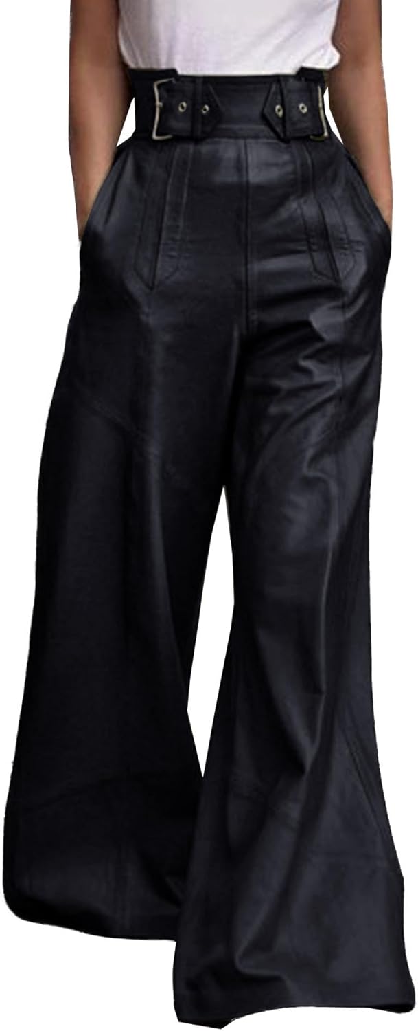 Sexyshine Women's PU Faux Leather Wide Leg Pants High Waisted Buckle Belt Loose Vintage Leather Pants Chic Clubwear