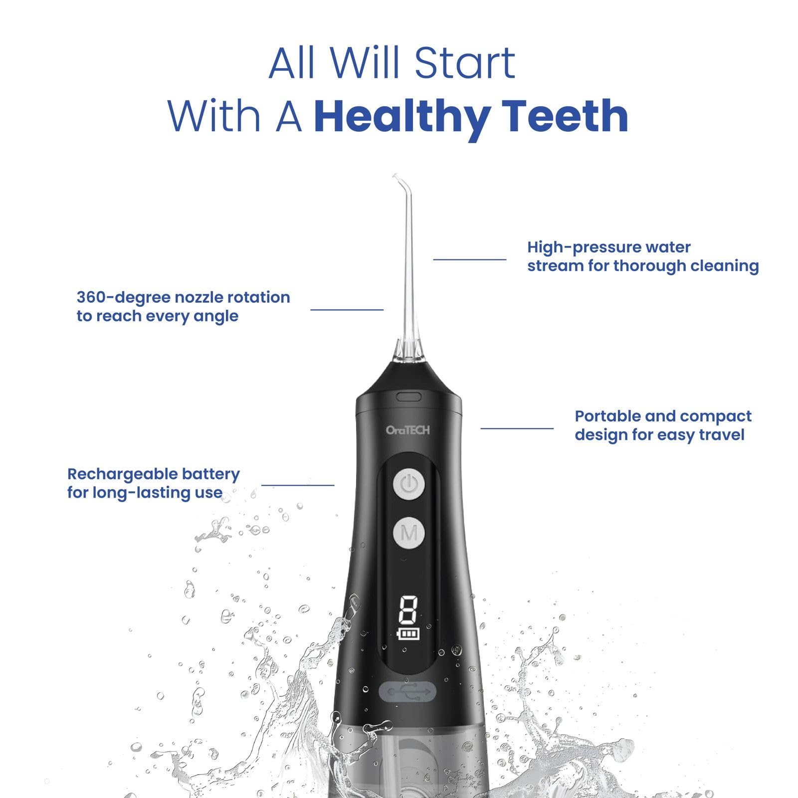 OraTECH - Idropulsore dentale portatile, senza fili, 350 ml, ricaricabile, da viaggio, IPX7, impermeabile, per la pulizia dei denti (bianco)