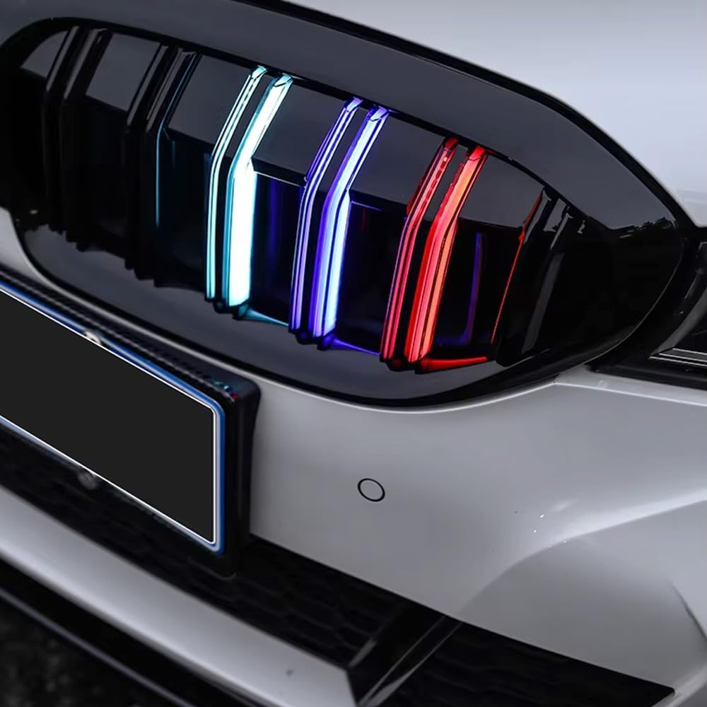 Astra Depot Kit Black Dual Slats Grille + White-Blue-Red LED Light Tri-Line Compatible for 2019-2022 BMW G20 G21 320i 330e 330i M340i xDrive - 51138072085, 51138072086, 51137457041, 51138075665