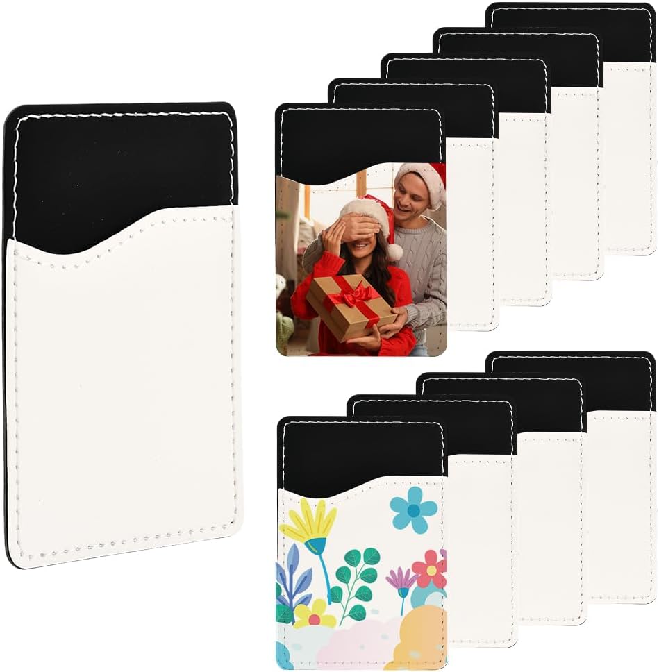 10 Pack 3.8 x 2.6 Inch Sublimation Cell Phone Wallet Adhesive Phone Card Holders Black Blank Transfer PU Leather Rectangle Card Sleeve Pockets for Cellphone Back Case Vinyl Projects DIY Decor