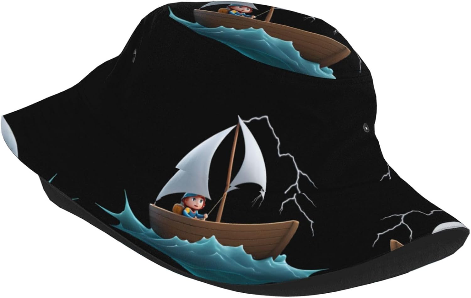 Small Sailboat in The Waves Prints Summer Outdoor Travel Bucket hat, a Beach Sun hat Suitable for Both Men and Women Black