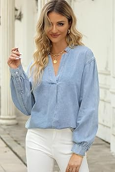 トップス Levis PULL OVER V-NECK S/S DENIM SHIRTS Meufam Women Casual V Neck Denim Shirt Fall Long Sleeve