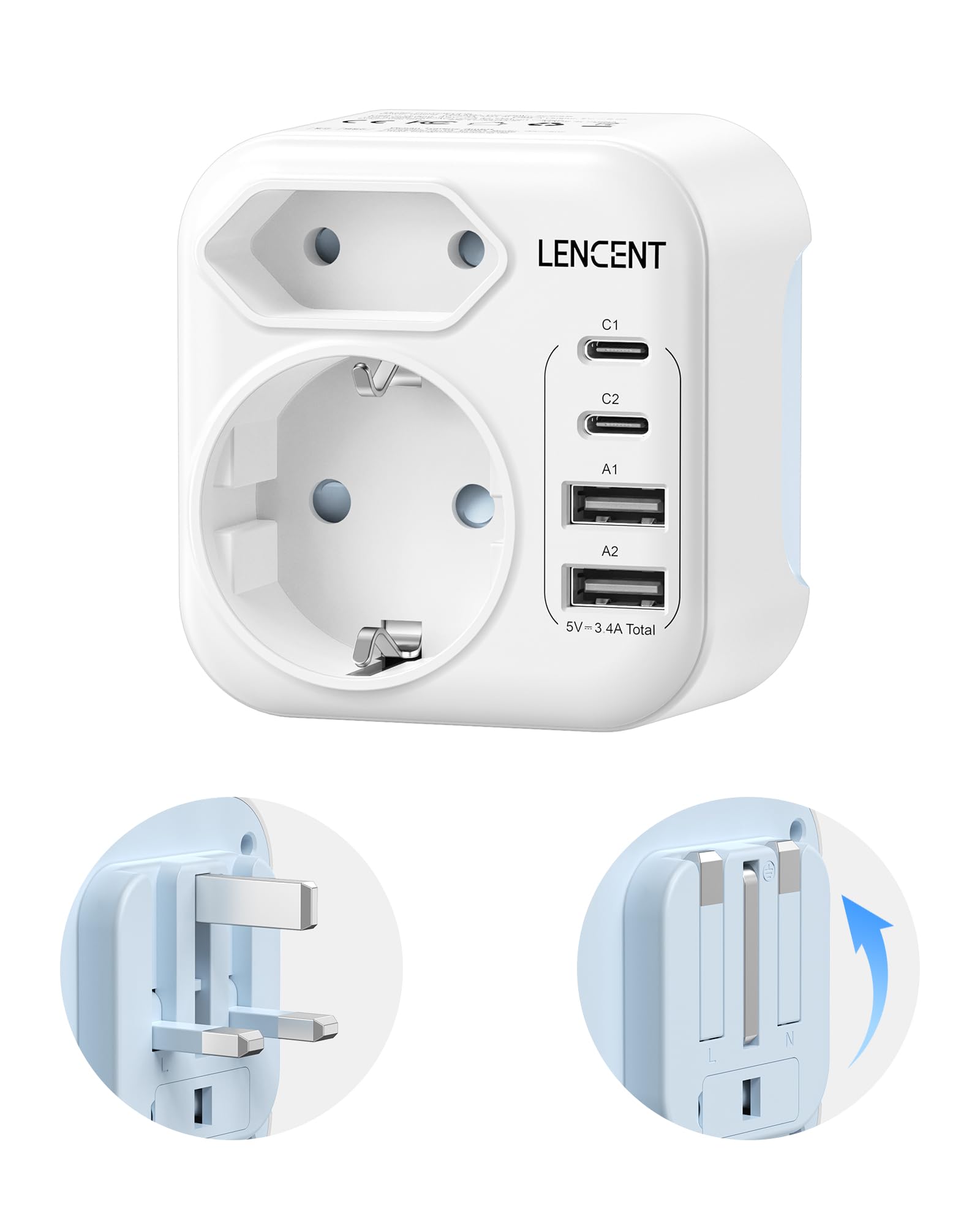 LENCENT Klappbarer Adapter England Deutschland Stecker Reiseadapter UK Stecker Adapter mit USB-C Steckdosenadapter England Reisestecker Typ G für Großbritannien Schottland Irland Dubai Malediven Malta