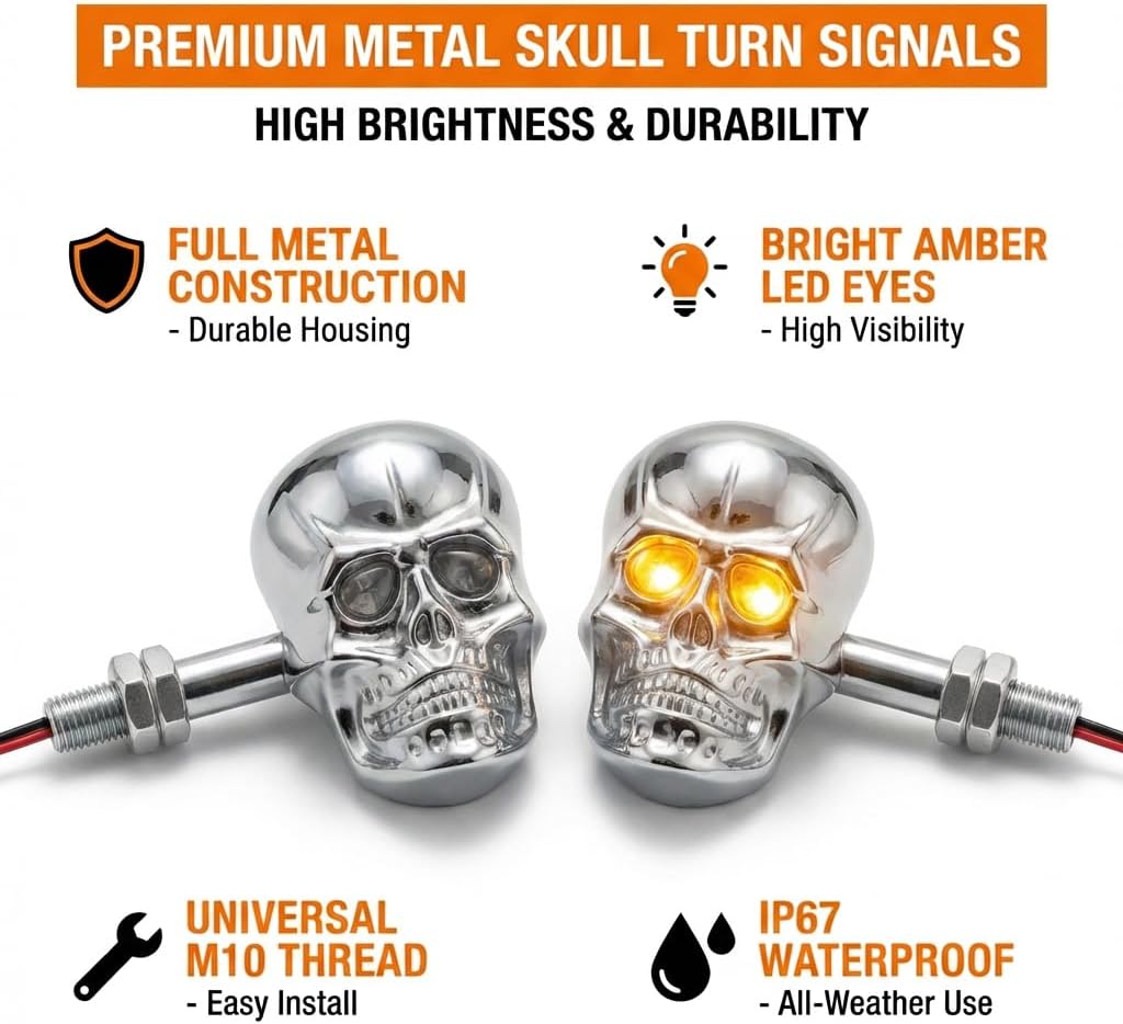 Motorcycle 10mm Screw Skull Head LED Amber Turn Signal Indicator Light (Chrome)