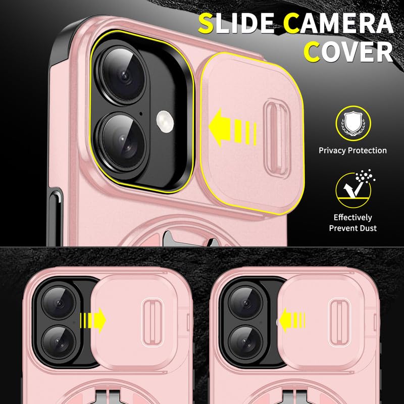 Image of LuxuryKase Shockproof Rugged Case for iPhone 17 | Slide Camera Cover | 360 Rotating Ring Kickstand | Military-Grade Protection - Rose Pink
