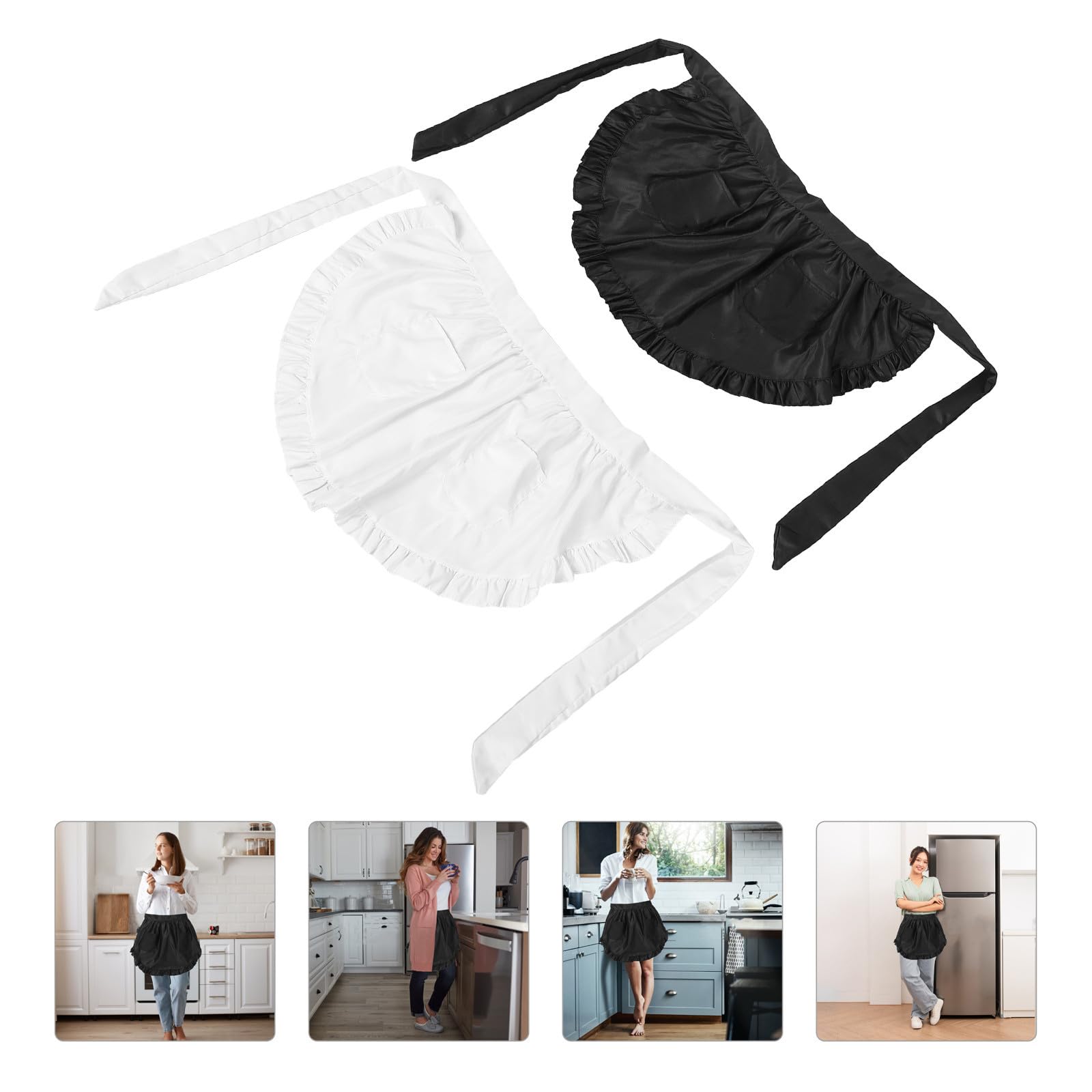 Tofficu 10 Unidades Delantal de Cintura Media Blanco con Volantes y Doble Bolsillo para Mujer, Diseño Elegante y Cómodo Adecuado para Cocina, Restaurante y Fiesta de Halloween