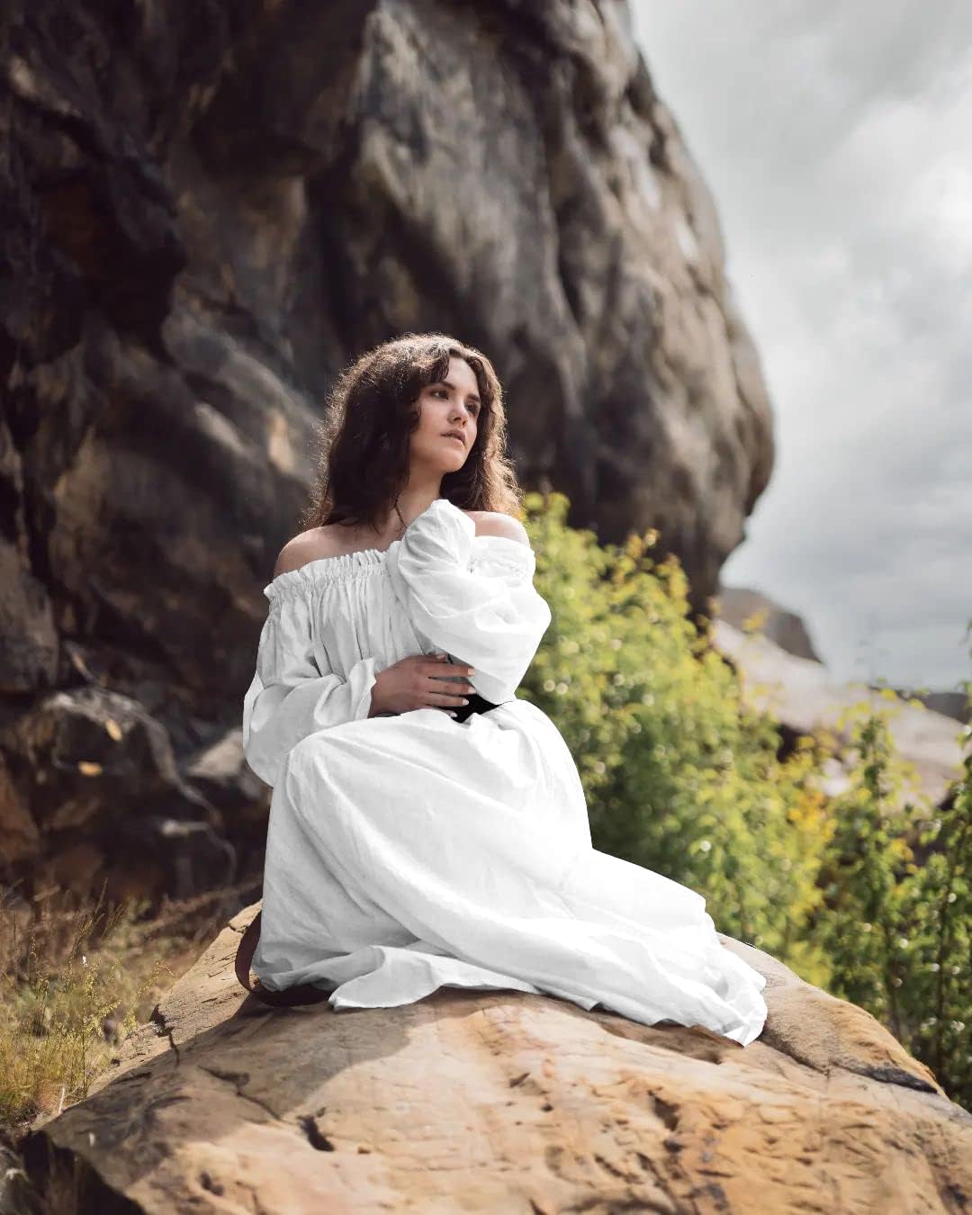 YEAXLUD Women's Victorian Dress Puff Sleeve Off Shoulder Ruffle Plus Size Medieval Costume for Women Renaissance Dress (White, Medium) - Image 6