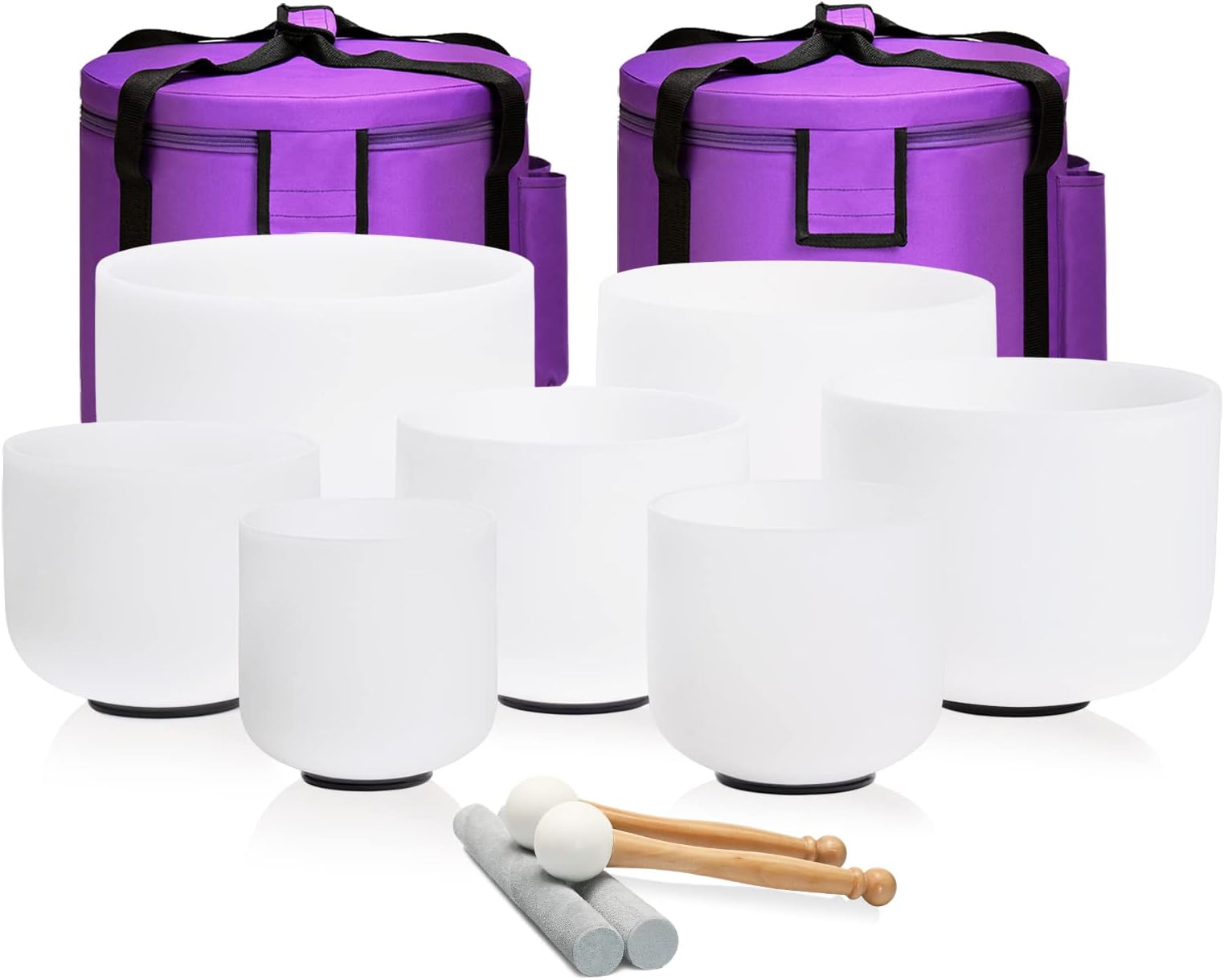 CVNC 440HZ 6-12 inch Set of 7 Frosted Chakra Quartz Crystal Singing Bowls For Sound Healing with Heavy Duty Carrying Cases