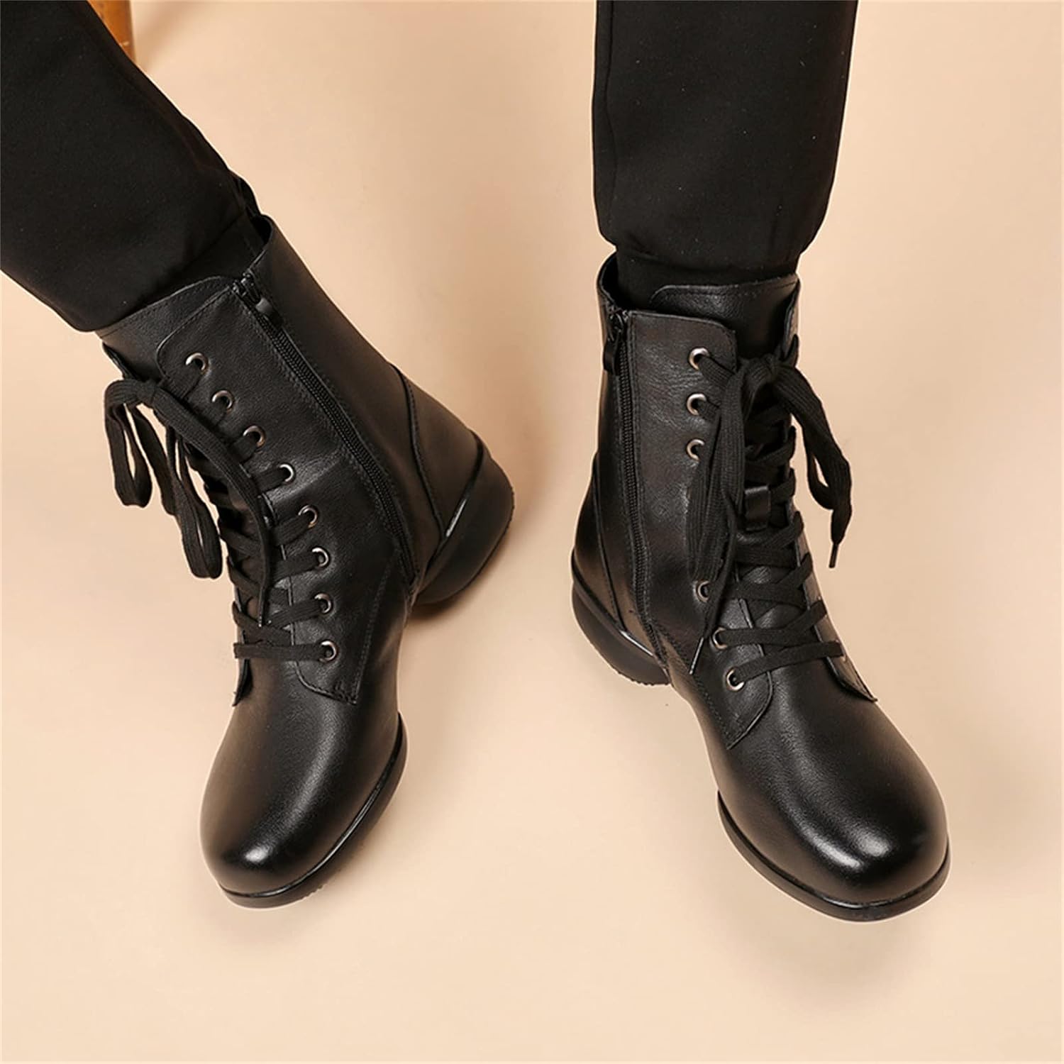 Men's Dance Boots Split Sole Latin Modern Dance Shoes Soft Leather Side Zipper Low Heel