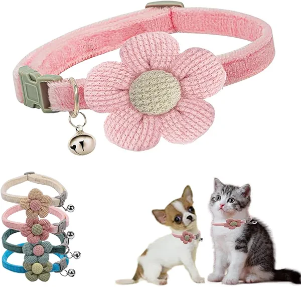 XXS Dog Collar with Bell,Pink Flower Cat Collar with Bells Suede Girl Cute Fancy Puppy Collar with Bells for XXS XS Tiny Little Kitten Pet Female Dogs,Neck 8-12 Inch pink Size: Neck 8-12"