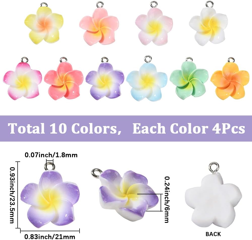 SUNNYCLUE 1 Box 40Pcs 10 Styles Frangipani Flower Charms Plumeria Charms Bulk Colorful Resin Frangipani Flowers Sea Beach Hawaiian Floral Pendants for Jewelry Making Earring Necklace Bracelet Keychain - Image 2