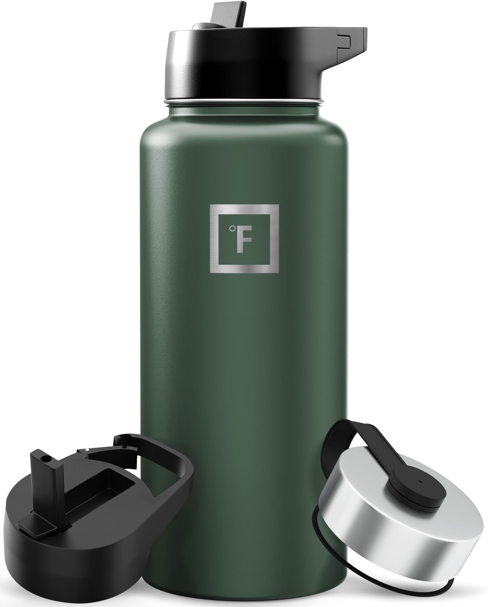 IRON °FLASK Camping & Hiking Hydration Flask with Straw, Wide Mouth Insulated Stainless Steel Sports Water Bottle - 32 oz Dark Pine