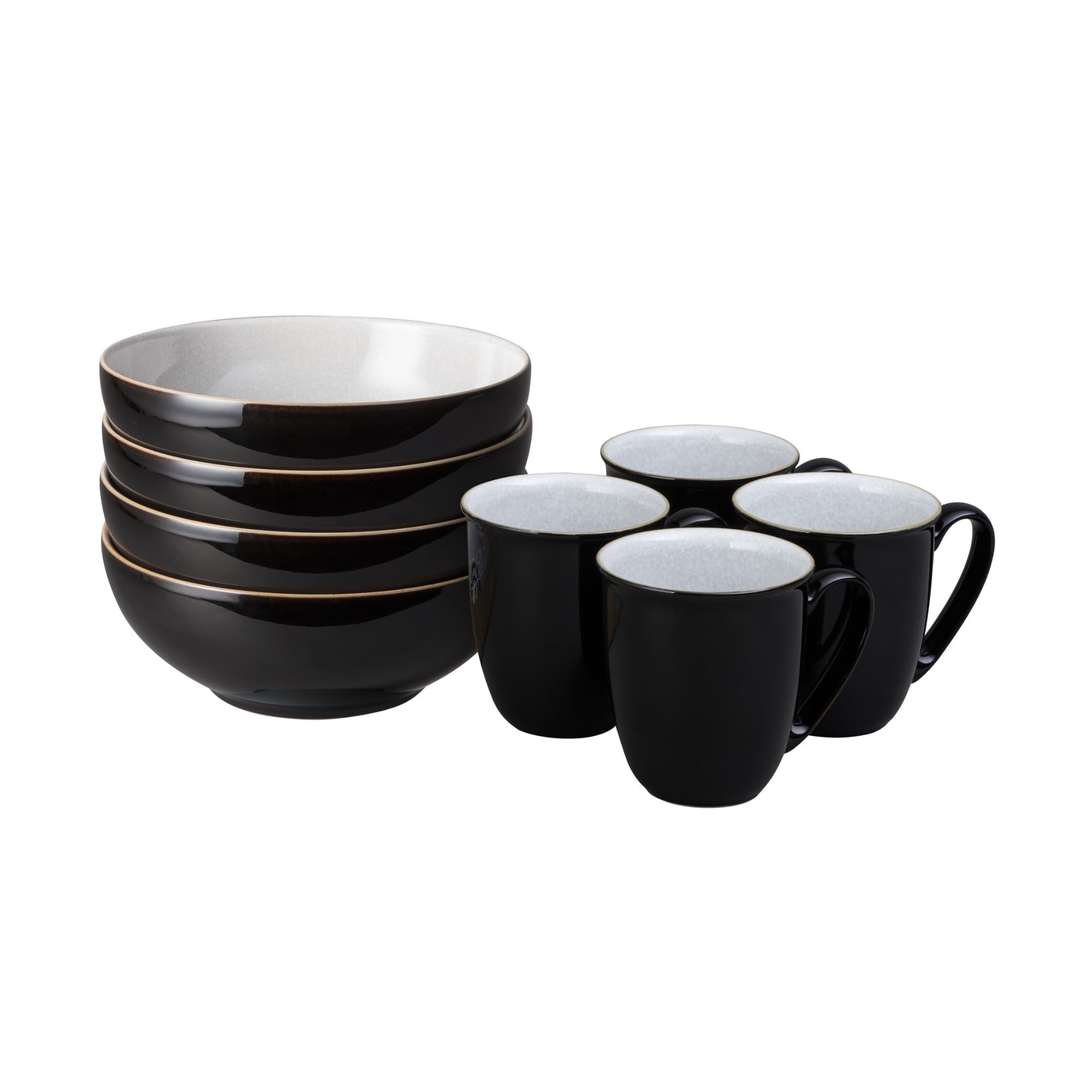 Denby - Elements Coffee Mug & Cereal Bowl 8 Piece Set - Black Glaze Dishwasher & Microwave Safe Stoneware - 4 x 330ml Tea Cups & Cereal Bowls for Soup - Ceramic, Chip Resistant for Everyday Use โ image 1