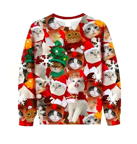 Cat Sweaters for Women and Men 2025, Ugly Christmas Sweater, Tacky Funny Xmas Pullover Sweatshirts, L Red