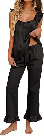 KFUBUO Womens Pajamas Set 2 Piece Ruffle Pj Soft Tank Top and Long Pants Lounge Set with Pockets Women Loungewear Set Black