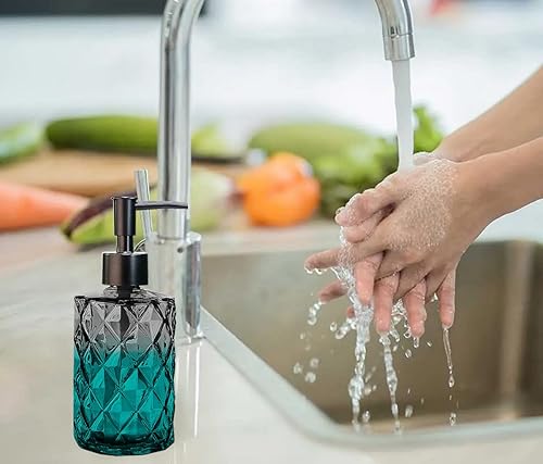 Miniatura 8 de Juego de 2 dispensadores de jabón de vidrio con bomba dorada, dispensador de jabón de manos y platos recargable de 11 onzas para cocina y baño,