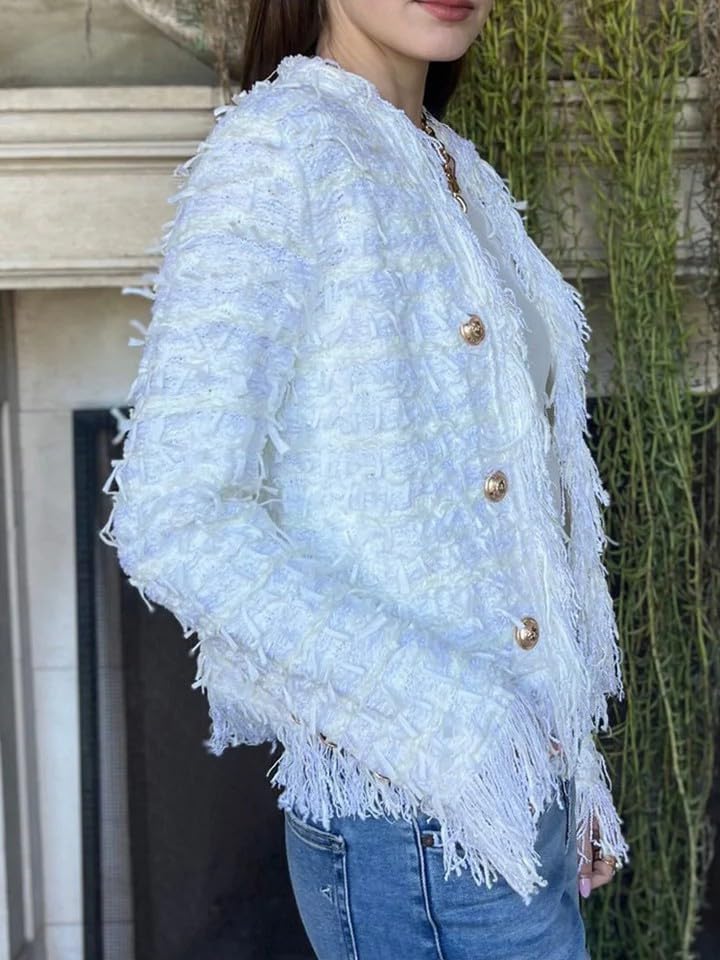 Womens Long Sleeve Open Front Cropped Fringe Trim Jacket Work Office Casual Blazer 2025 Fashion Fuzzy Coat Jacket2